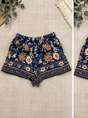 Blue Rain Floral Boho Shorts